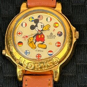 Lorus Mickey Mouse Around the World Flag Dial Gold Tone Quartz Watch V421-0020